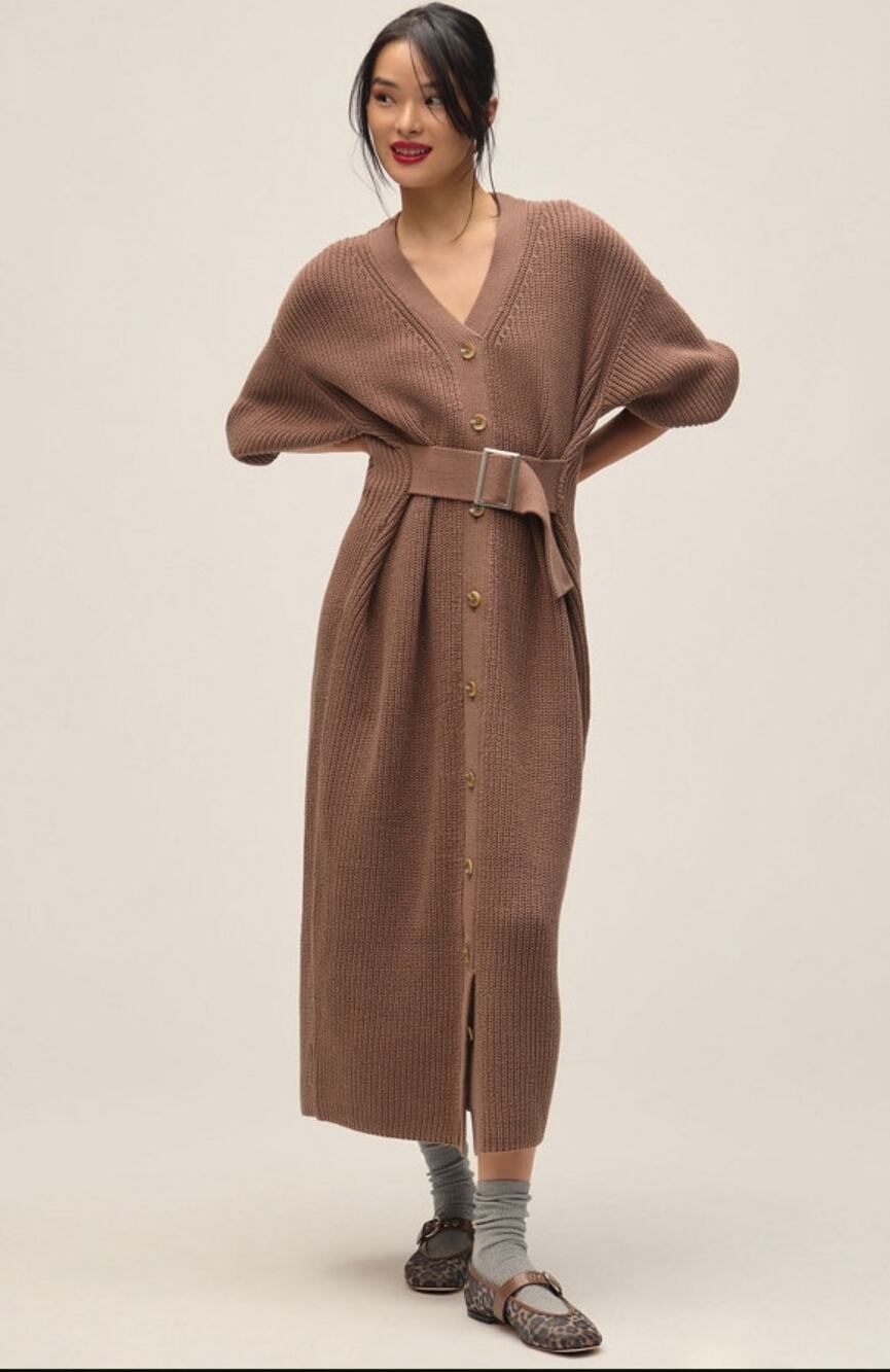 Anthropologie Long-Sleeve Belted Cardigan Sweater Midi Dress Brown Size Small